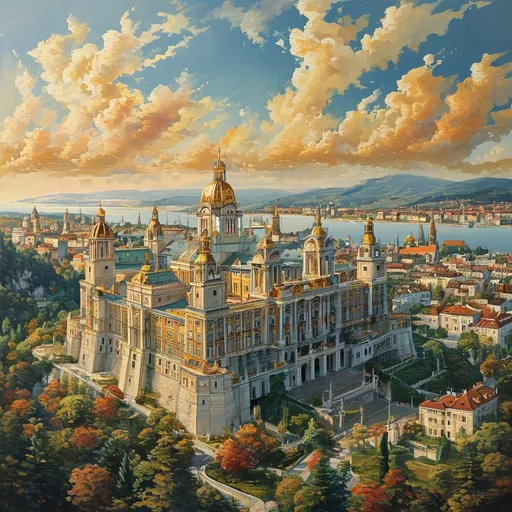 Prompt: (aerial view of grand palace), (Wiener Hofburg style), (oil painting), towers and spires, in the enchanting style of Anton Pieck, picturesque hilly hinterland, shimmering bay, (sunny day) with radiant golden clouds, conveying a pompous feeling, showcasing ancient architecture with elegant details, flourishing marble accents, (ultra-detailed), vibrant colors, (cinematic masterpiece).