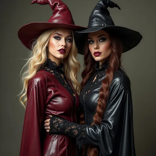 Prompt: full body women wizards in (shiny leather mage robes), (glossy lips), wizards hats,  embracing, lace boots, (dynamic pose), (playful atmosphere), (bold color tones), intricate medieval fantasy,  intricate (hairstyles) featuring, soft lighting enhancing details, emphasizing a visually striking composition, illustrating confidence and allure, creating an enticing and vibrant scene, (highly detailed), (HD), (fashionable chic).