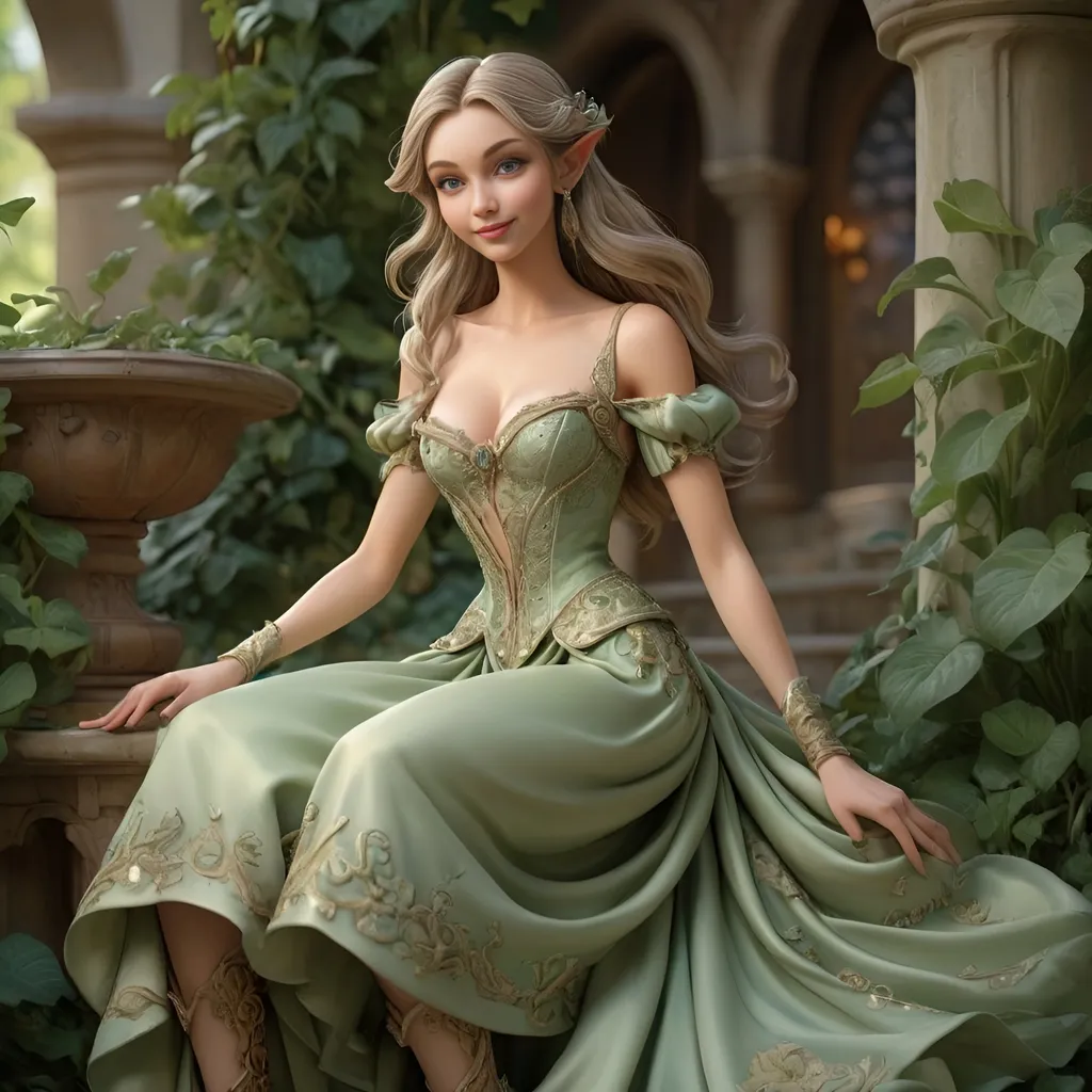 Prompt: photo realistic, Highly detailed digital full  body art of a elf princess in flowing satin silk royal dress,high heel boots, smiling, Anton Pieck style, medieval fantasy, intricate patterns, ornate cloth, royal attire, detailed realistic clothing folds, lush greenery, romantic lighting, detailed realistic face, professional, ultra-detailed, fantasy, medieval, satin gown, palace garden, Anton Pieck style, ornate architecture, lush greenery, romantic lighting, royal attire, intricate patterns, flowing fabric, professional lighting