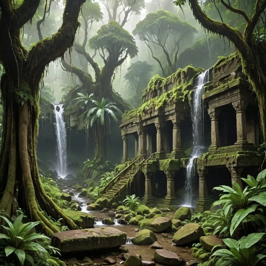 Prompt: Indian jungle anient ruines, ancient trees, lush green tropical, rain forrest, nature, water stream, waterfall, ancient stone, overgrown, moss, fog, high quality, realistic, tropical, ancient, detailed foliage, serene atmosphere, natural lighting, magical light, 