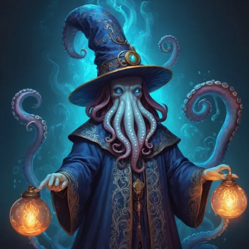 Prompt: Cute magical floating octopus mage, medieval fantasy art style, vibrant color palette, whimsical details, high quality, wizards hat, detailed tentacles, mystical, blue illuminating magical swirls, glowing eyes, enchanting, whimsical, magical, medieval fantasy, vibrant colors, floating, mage, professional, atmospheric lighting, intricate victorian mages robes