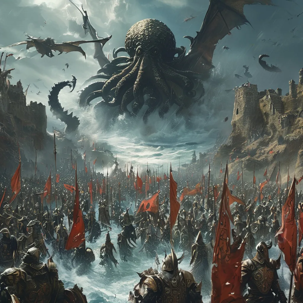 Prompt: aerial view, grant armies, (battle scene featuring) cthulhu, (medieval fantasy) warriors clashing, great armies gathered, powerful DnD characters, dynamic magical spells soaring through the air, tumultuous waves crashing, dramatic stormy skies above, intense action and chaos, detailed armor and weaponry, ethereal light from spells, vivid colors, ultra-detailed, immersive atmosphere.