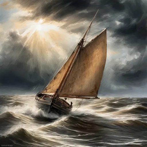 Prompt: old time wooden boat, dutch style  boat, single mast, sailing in hard winds,  pencil strokes, rough weather, full sails, dynamic, impressionistic, intense brushstrokes, dramatic lighting, high waves, strong winds, traditional oil painting, stormy waters, dutch landscape, realistic, moody atmosphere, sun rays,