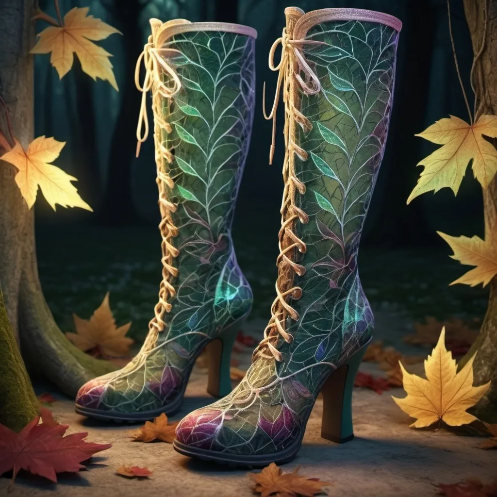 Prompt: stand alone, (leaf pattern mesh lace boots), stylish medieval fantasy, (enchanted boots), magical illumination, intricate detailing, ethereal glow, backgrounds of mystical forests, warm jewel tones, soft lighting effects, whimsical ambiance, high-quality 4K resolution, ultra-detailed texture, fantastical elegance.