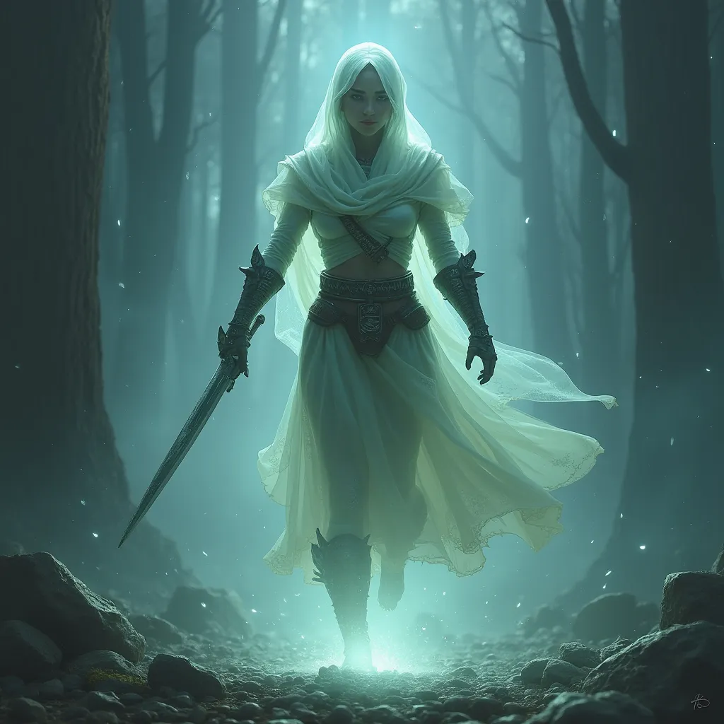 Prompt: female soldier ghost, semi-transparent, dnd setting, medieval fantasy, illuminating, hovering above the ground,