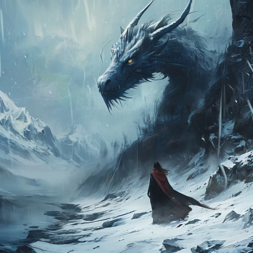 Prompt: (glacial dragon), dark shadows, (medieval fantasy), mysterious atmosphere, balance of peace and danger, ethereal wisps enveloping the form, backdrop of a mystical landscape, soft glowing light filtering through the haze, (highly detailed), enigmatic presence, sense of tension and serenity, cinematic depth, snowy mountains, icy blue, hard and cold, freezing admosphere