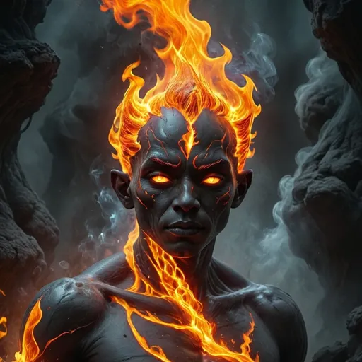 Prompt: (humanoid fire elemental), blazing flames, ethereal glow, flickering light, fiery aura, intense heat, swirling embers, charred ground, vibrant orange and red tones, high-contrast lighting, dramatic shadows, mystical atmosphere, otherworldly, inferno background, ultra-detailed, 4K, fantasy art, epic scene, high-intensity, mesmerizing blaze, darkened surroundings, smokey tendrils