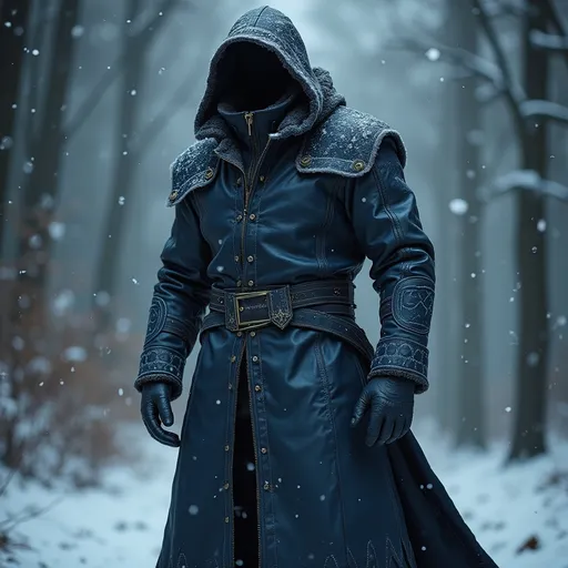 Prompt: Full body, (long full leather shearling coat), (wastelands style), medieval fantasy, winter armor, tough, dark blue exterior, rugged design, intricate stitching details, atmospheric winter background with falling snowflakes, soft light illuminating the jacket giving it an edgy yet cozy look, ultra-detailed, high quality. 