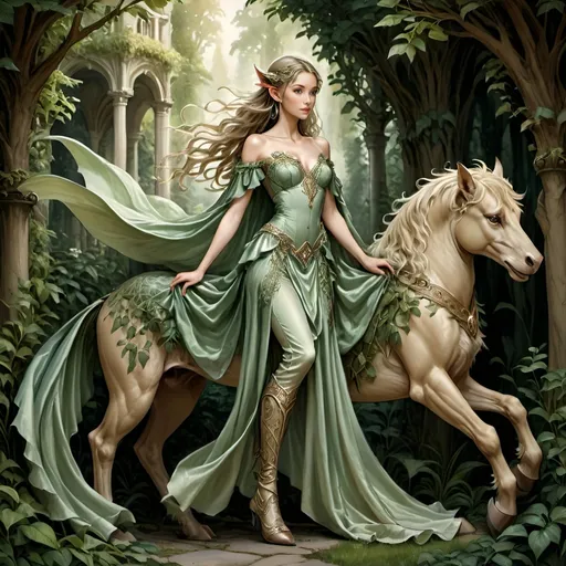 Prompt: Highly detailed digital full  body art of a elf princess in flowing satin silk royal dress, boots, riding on a griffin, through the forest, Anton Pieck style, medieval fantasy, intricate patterns, ornate cloth, royal attire, detailed realistic clothing folds, lush greenery, romantic lighting, detailed realistic face, professional, ultra-detailed, fantasy, medieval, satin gown, palace garden, Anton Pieck style, ornate architecture, lush greenery, romantic lighting, royal attire, intricate patterns, flowing fabric, professional lighting