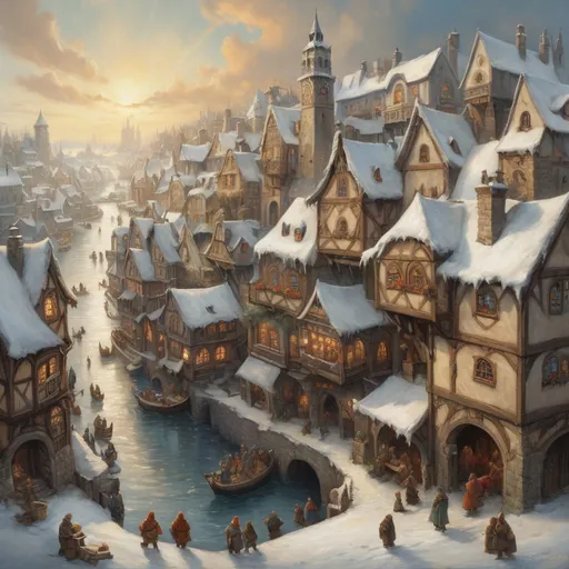 Prompt: Oil painting of an (medieval fantasy town in winter), inspired by Anton Pieck style, (rich in detail), charming houses with intricately designed facades, snow-covered rooftops, bustling market crowded with lively characters,  on the coast with ships in the ice,  warm sun beams breaking through soft winter clouds, creating a serene and magical ambiance. ( vibrant colors) for a captivating and nostalgic scene.