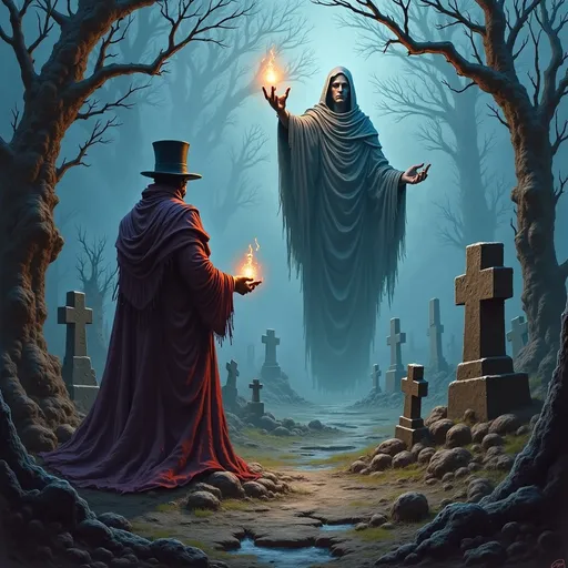 Prompt: (necromancer DnD Adventurer raising the dead), captivating (oil painting), in the style of Anton Pieck, set in a (gloomy) graveyard, undead and skeletons, detailed and haunting atmosphere, rich dark colors, twisting trees shrouded in mist, eerie grave markers, dramatic shadows, ultra-detailed, a hint of magical glow illuminating the necromancer's incantation, evoking a sense of dark enchantment.