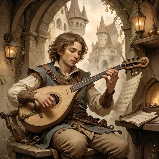 Prompt: DnD youngorc bard playing instrument, magical musical notes streaming in the air, Anton Pieck style painting, vintage warm tones, intricate details, whimsical fantasy, medieval, high quality, oil painting, charming, enchanting, intricate details, cozy lighting