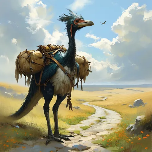 Prompt: (dinosaur-like flightless bird as pack animal), brilliant feathers, Harness, medieval fantasy setting, (watercolor), open plains, transport wagon, ancient cobblestone road, soft colors, serene atmosphere, rustic charm, expansive sky with delicate clouds, hints of wildflowers, intricate details in the bird's plumage, tranquil background blending hues of green and blue, ultra-detailed, enchanting scene.