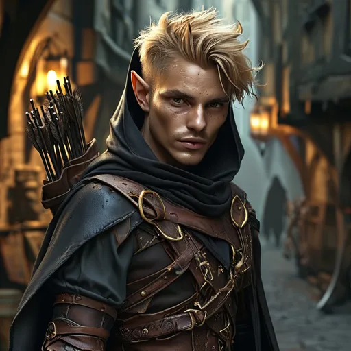 Prompt: (slender rogue male woodelf DnD character), (light bronze skin), (spike auburn hair), (grey cunning eyes), (hooded and cloaked), medieval fantasy, intricate leather armor, daggers at his side, stealthy pose among back alleys, at night, in the shadows, detailed character design, capturing his cunning expression, high quality, ultra-detailed, photo realistic, shortbow on his back