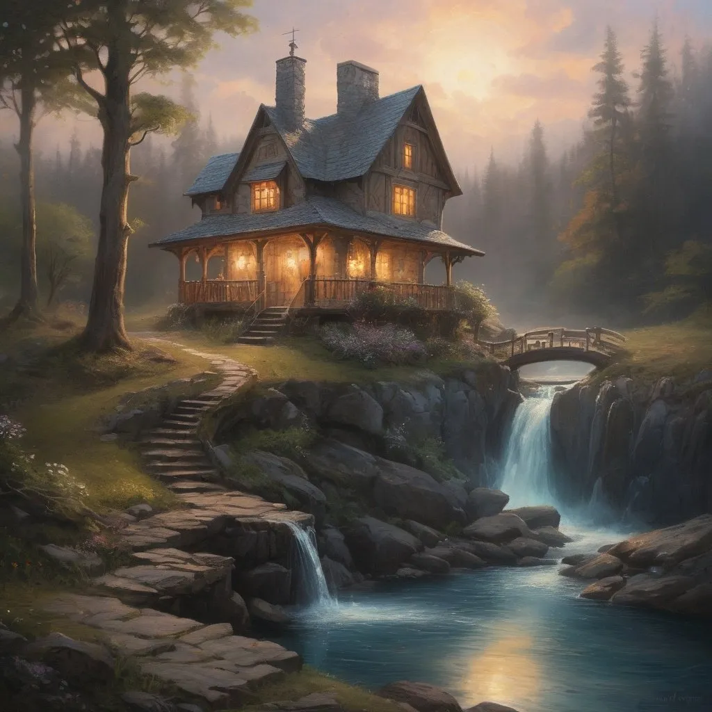 Prompt: oil painting of large modern woodbeam cottage with stone base and a lookout tower, magical atmosphere,  mysterious aura, mystical, enchanting, fantasy, surreal, enchanting aura, imaginative, whimsical, detailed shading, magical lighting, stream waterfall, lake