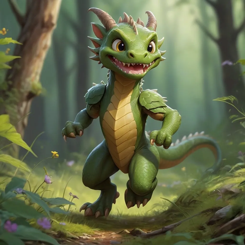 Prompt: dragon character DnD style, pretty face, running in a meadow in a forest,  martial arts, little stream, cute, sweet, fierce, fantasy art, magic the gathering artwork, concept art, clawed feet