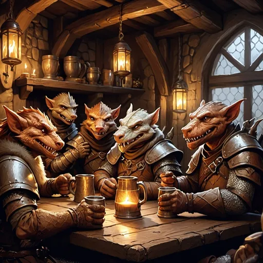 Prompt: A group of (armed kobolds) sitting in a cozy (medieval tavern), wearing (scalemail armor), holding (wooden mugs) filled with ale, emitting a cheerful yet mischievous atmosphere, warm flickering candlelight illuminating their scaly skin, detailed rustic wooden furniture surrounding them, laughter and camaraderie evident, (ultra-detailed), (fantasy setting), showcasing the essence of (Dungeons & Dragons) characters.