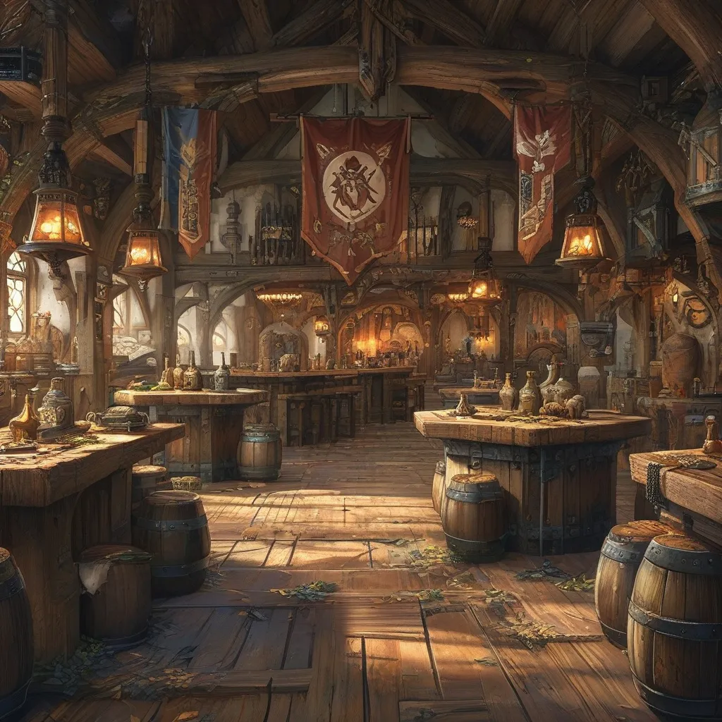 Prompt: Medieval fantasy adventurers guild, Anton Pieck style, (rustic wooden interior), (secure counters), DND characters, monster parts laying around, ambient warm lighting, detailed shadows, tavern-like atmosphere, banners hanging from the ceiling, intricate woodwork, scattered adventurers' gear, cozy yet bustling vibe, various weapons displayed, (ultra-detailed), (4K).