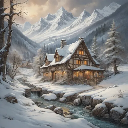 Prompt: (snowed-in cottage), nestled among the (majestic mountains), icy stream flowing nearby, enveloped in a (fierce blizzard), capturing the essence of (medieval fantasy), intricate details in the style of (Anton Pieck), rich colors with a dramatic contrast, soft flickers of warm light from the cottage windows, ultra-detailed (oil painting), evoking a sense of cozy isolation amidst the wild elements.