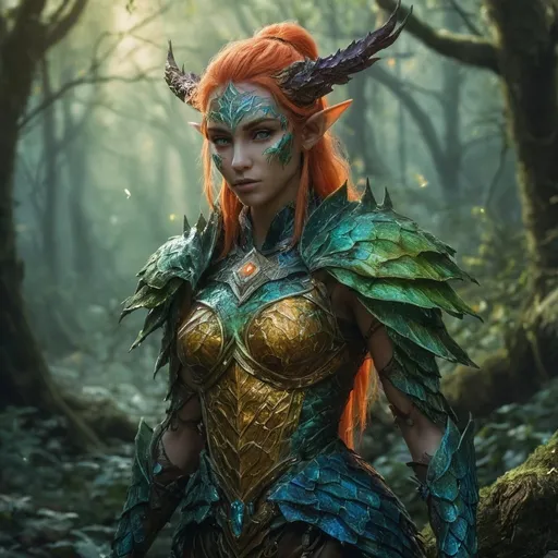 Prompt: fantasy draconian-elf hybrid race with vibrant scales, dnD character, mystical forest backdrop, intricate elven armor,  enchanting atmosphere, high quality, fantasy art, vibrant colors, atmospheric lighting, detailed scales, mystical, magical, elven design, forest setting