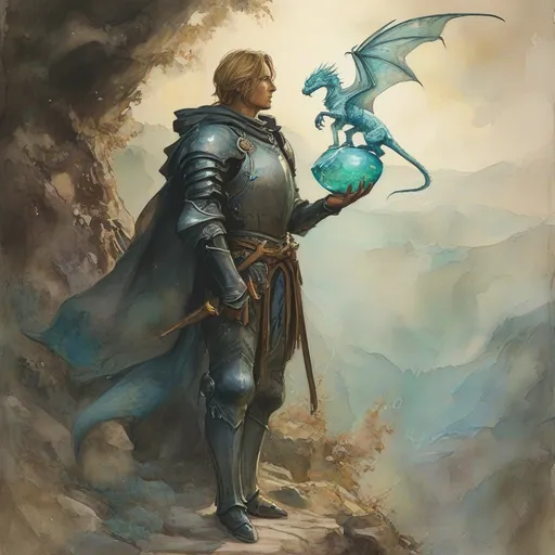 Prompt: (pencil watercolor painting) Justin Gerard style, D&D character paladin, holding a crystal dragon egg, (magical aura) glows softly around the paladin, intricate armor details and flamboyant cape, enchanting landscape background with fantasy elements, muted pastels and vibrant highlights, ethereal lighting creates a sense of wonder, ultra-detailed, inviting a narrative spirit and fantasy adventure.