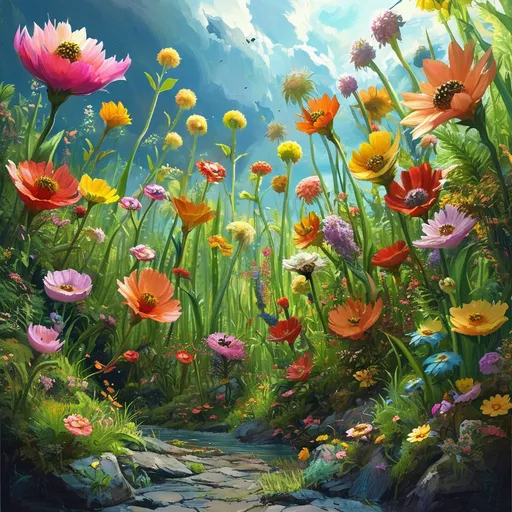 Prompt: (tiny DnD adventurers in a supersized macro world), (giant grass blades), (majestic flowers and branches), (medieval fantasy setting), (colossal insects), vibrant colors, cheerful sunlight, ultra-detailed, oil painting style, good lighting, lush greenery, expansive vista, fantastical elements