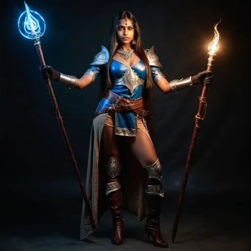 Prompt: gorgeous south indian woman in DnD character, full body, medieval fantasy, holding a glowing mages staff,  high-quality, leather boots, leather gloves, posing, straight hair, striking pose,  professional lighting, ultra-detailed, dignified stance,  professional lighting