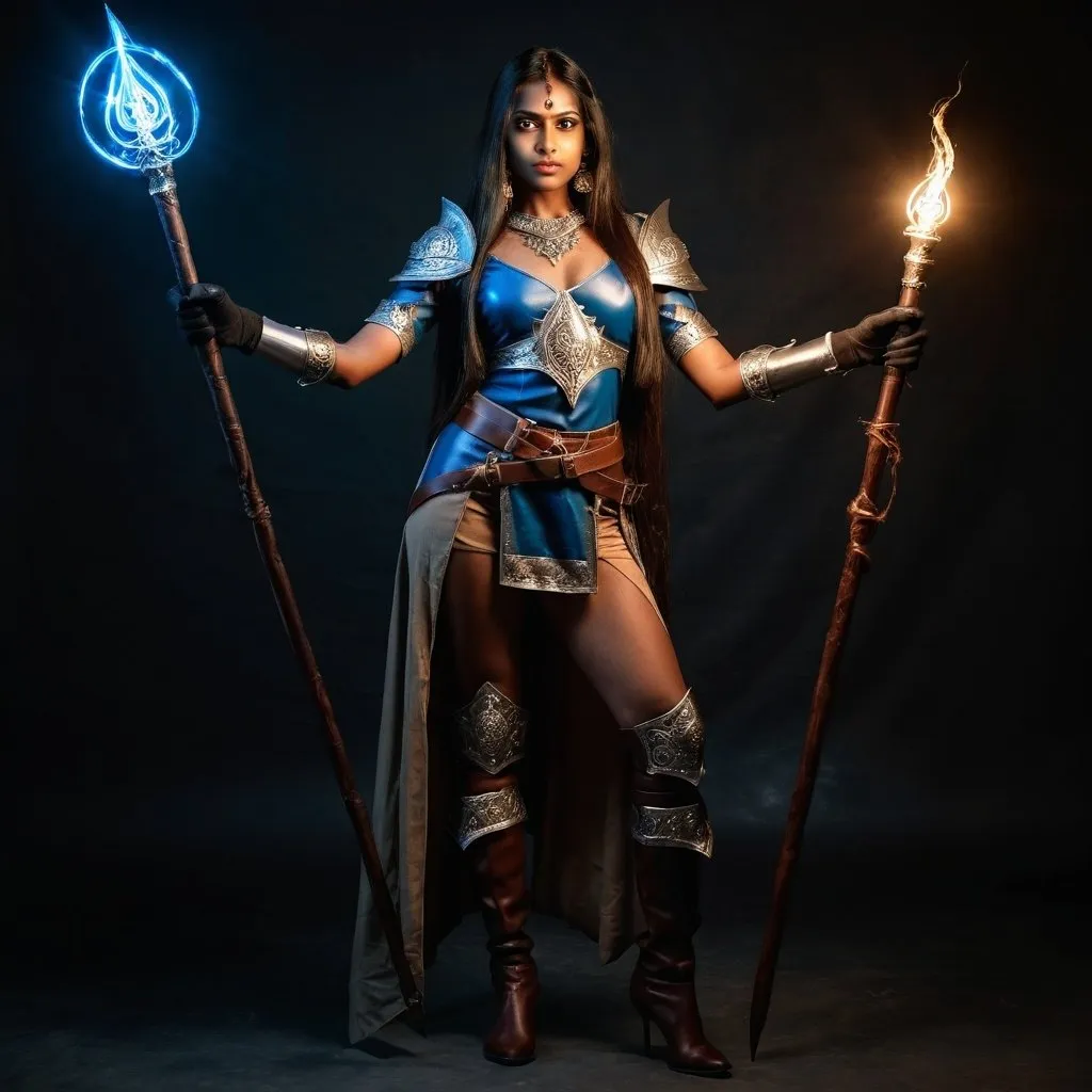 Prompt: gorgeous south indian woman in DnD character, full body, medieval fantasy, holding a glowing mages staff,  high-quality, leather boots, leather gloves, posing, straight hair, striking pose,  professional lighting, ultra-detailed, dignified stance,  professional lighting