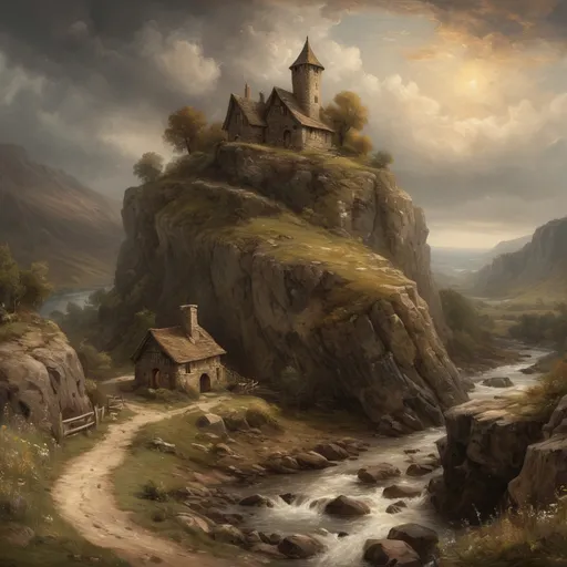 Prompt: (An oil painting of a rocky landscape with a stone roadside tavern and a lookout tower) in medieval fantasy style, john constable, dramatic lighting, earthy brown tones, detailed textures, wild stream, enchanting atmosphere, foggy valleys, ancient stone structures, wildflowers, rustic charm, ultra-detailed, high resolution, golden clouds, masterpiece quality, deep shadows যে rich contrast, realistic proportions, intricate details, nature's grandeur