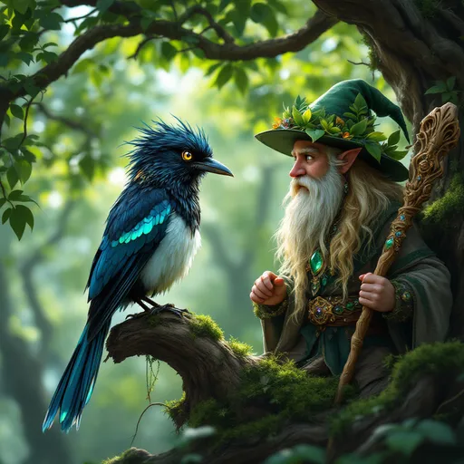 Prompt: A magpi with magical abilities perched gracefully on a tree branch, engaging in a lively conversation with a gnome druid with a green leaf hat and blond hair, DND characters, vibrant lush forest backdrop, enchanting atmosphere with mystical light filtering through leaves, rich greens and earthy tones, fantasy realm vibe, whimsical fonts of nature, 4K ultra-detailed, intimate and engaging scene, showcasing harmony between creature and druid.
