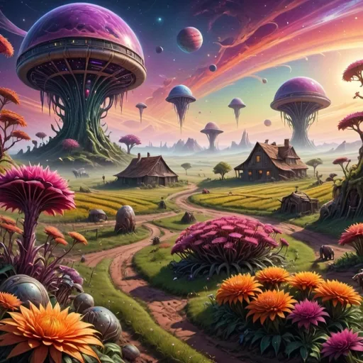 Prompt: (farmstead on an alien world), (fantasy landscape), strange plants and creatures, (vivid alien flora), dual planets in the mesmerizing sky, (otherworldly colors), lush fields under vibrant hues, (surreal ambiance), enchanting atmosphere, (highly detailed, 4K), imaginative setting, captivating extraterrestrial elements.