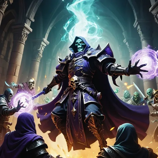 Prompt: skirmish  between Sinister DnD character Lich hovering in the air battling and some paladins, robes, battle scene, paladins, magical flashes,  intense aura, high contrast, fantasy, highres, detailed, sinister, magical, dark castle, battle, DnD, radiating magic, intense lighting