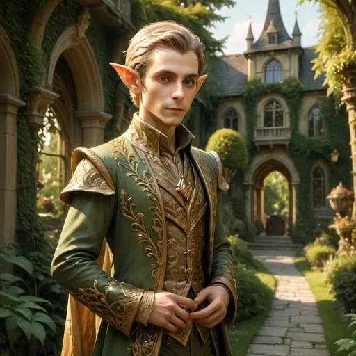 Prompt: (aristocratic wood elf), dressed in luxurious attire, elegantly strolling through lush, vibrant gardens of an opulent mansion, medieval fantasy, detailed foliage and ornate sculptures in the background, soft golden sunlight casting a warm glow, creating a charming and refined atmosphere, showcasing fine craftsmanship in clothing, high quality, (ultra-detailed), enchanting ambiance.