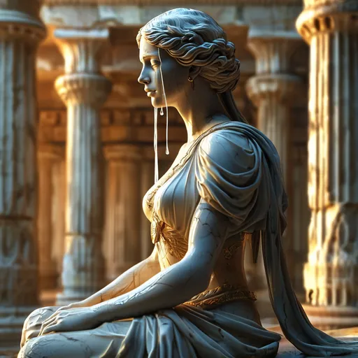 Prompt: realistic (marble full-body statue of a gorgeous woman crying kneeling), adorned beautifully, set in the middle of a grand auditorium within an ancient temple, atmospheric ambiance with sophisticated lighting, ethereal sun rays illuminating the scene, detailed ancient architecture surrounding, warm tones creating a mystical feel, hint of medieval fantasy, ultra-detailed, high-definition.