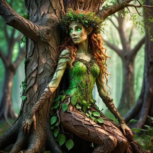 Prompt: realistic dryad, medieval fantasy art style, aluring, part tree, wood texture skin, vibrant color palette, forrest, whimsical details, high quality, detailed roots and branches, mystical, green eyes, whimsical, magical, medieval fantasy, vibrant colors, dnd Character, treeroot legs, twig hands,  atmospheric lighting