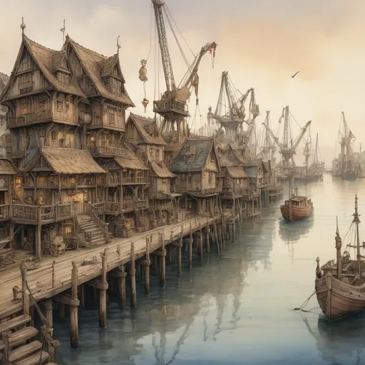 Prompt: (shipwharf), (antique wooden wharf at the waters edge), (cranes and ropes) in intricate detail, medieval fantasy setting, watercolor painting anton pieck style, soft and muted colors, warm ambient lighting, nostalgic atmosphere, charming clutter, whimsical and dreamy quality, ultra-detailed, inviting vibe that captures the essence of craftsmanship and imagination.