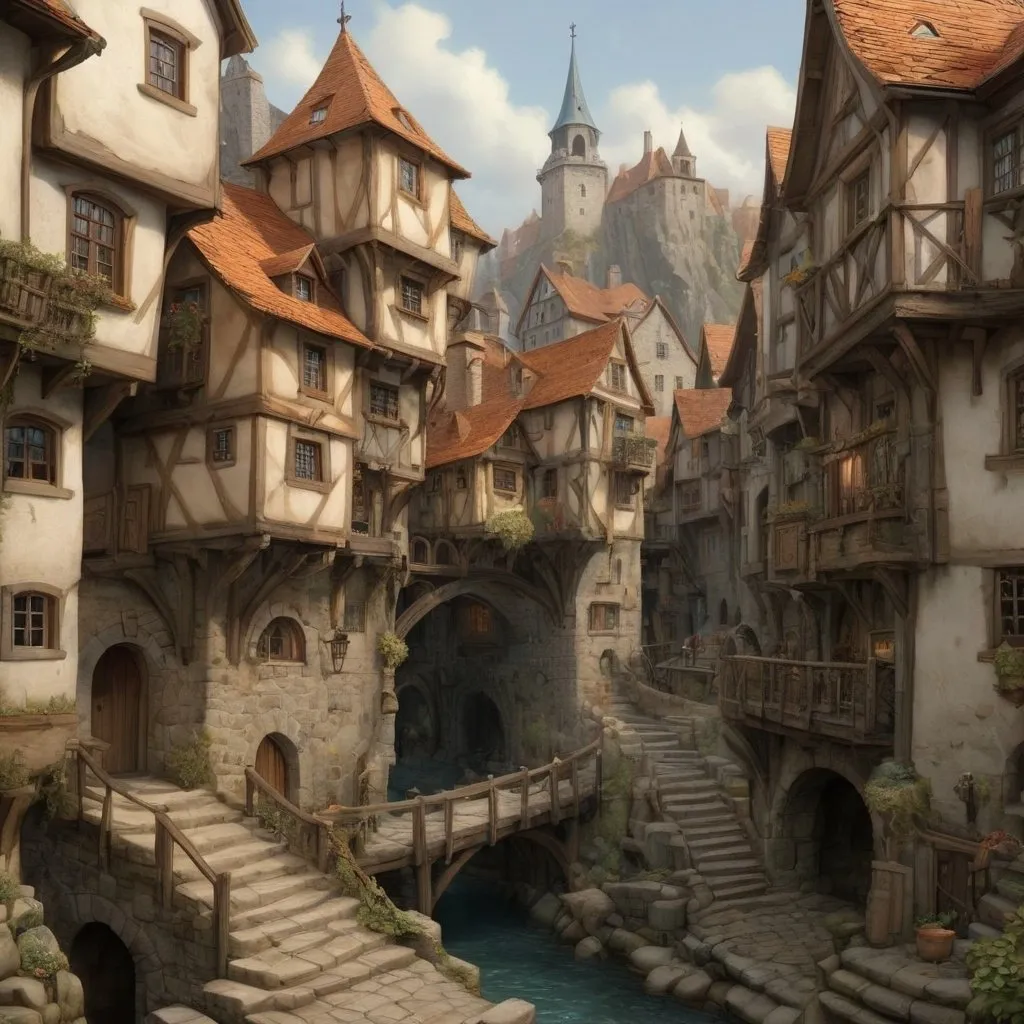Prompt: Realistic medieval fantasy harbor town, Anton Pieck style, in a deep gorge, stairs, bridges, town scape, multi story stacked houses, vantage point, wood textures, warm lighting, detailed architectural features, intricate cobblestone streets, realistic textures, cozy atmosphere, scenic waterfront,  charming atmosphere, oil painting, high quality, detailed, warm tones, cozy lighting