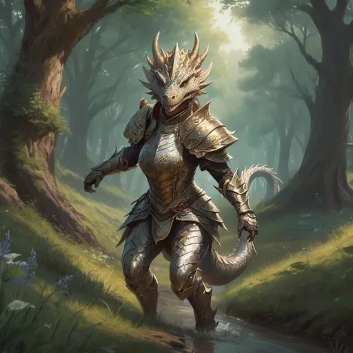 Prompt: female dragon character in ornate victorian armor DnD style, pretty face, running in a meadow in a forest, scales, martial arts, little stream, fierce, fantasy art, magic the gathering artwork, concept art, clawed feet