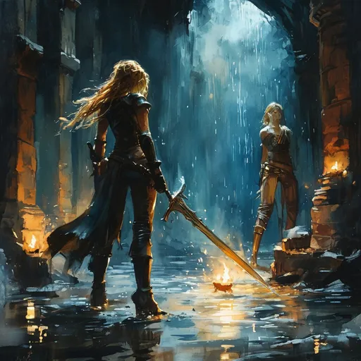 Prompt: watercolor , (epic swordfight), female DnD Characters, intense fight scene, dramatic clash in a dark, atmospheric dungeon, torches casting flickering shadows, detailed textures, dynamic poses, energetic movement, (Justin Gerard style), high quality, vibrant colors, capturing the essence of high-stakes adventure and fantasy immersion.