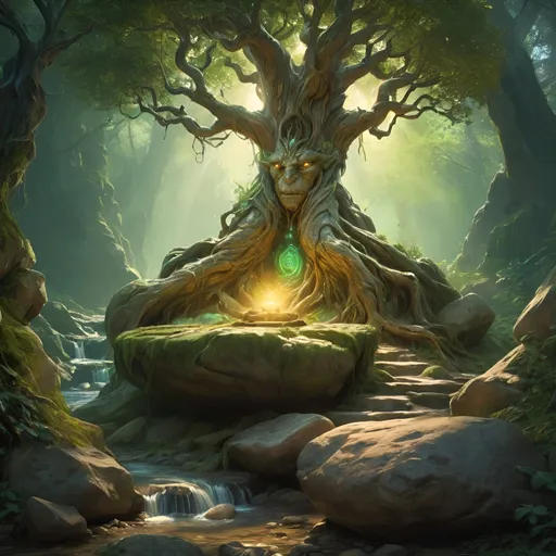 Prompt: (ancient tree growing atop a boulder in rocky terrain),  a goblin shaman character sitting on a nearby rock, Green and wooden aspects, magical illuminating swirls surounding the tree, little stream flowing from the tree, sacred grove, mystical atmosphere, warm golden and emerald tones, rays of light filtering through the branches, enchanted forest background with dense foliage, high-definition, ultra-detailed,  serene and awe-inspiring, crisp image quality, nature's magic, intricate root systems wrapping around the boulder