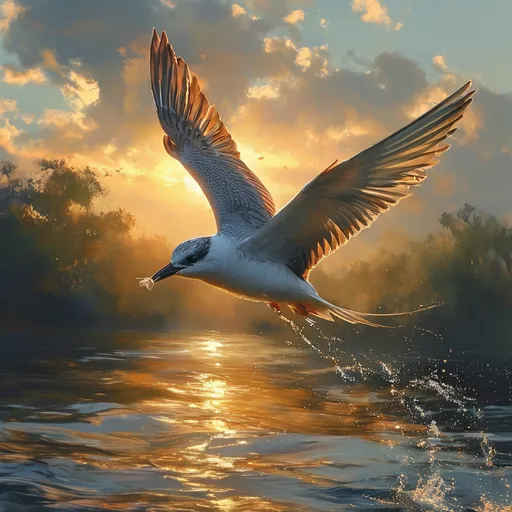 Prompt: swallow bird in flight, shearing over the water, (symbolizing free spirit), (freedom theme), (light escaping) from the wings, soft golden glow illuminating the scene, ethereal mist trail behind, serene and uplifting ambiance, warm color tones, vibrant sky at dusk, high depth with subtle details, ultra-detailed, perfect for evoking poetry and imagination.