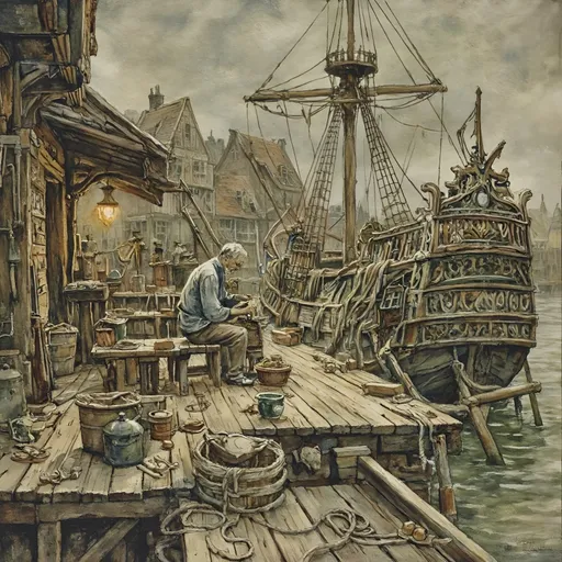 Prompt: (old man ship builder), (antique wooden wharf at the waters edge), (cranes and ropes) in intricate detail, medieval fantasy setting, watercolor painting anton pieck style, soft and muted colors, warm ambient lighting, filled with dust motes, nostalgic atmosphere, charming clutter, whimsical and dreamy quality, ultra-detailed, inviting vibe that captures the essence of craftsmanship and imagination.