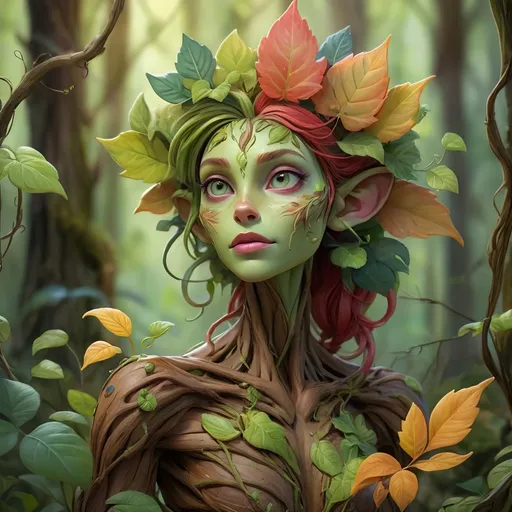 Prompt: full body digital art painting of a plant-based creature, lush woodland setting, wood skin, ranks, vines, vibrant colors, detailed foliage, high quality, watercolor, humanoid, fantasy, vibrant colors, plant creature, detailed leaves, woodland, pretty face, professional, atmospheric lighting