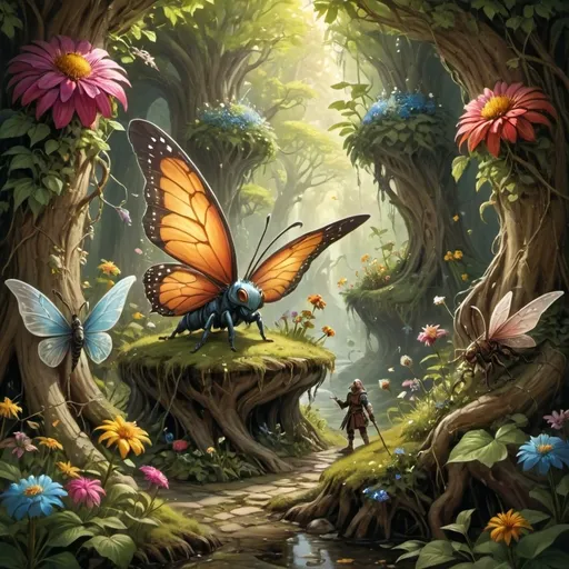 Prompt: (tiny DnD adventurers in a supersized macro world), (majestic flowers and roots), (medieval fantasy setting), (colossal insects), vibrant colors, cheerful sunlight, ultra-detailed, oil painting style, good lighting, lush greenery, expansive vista, fantastical elements