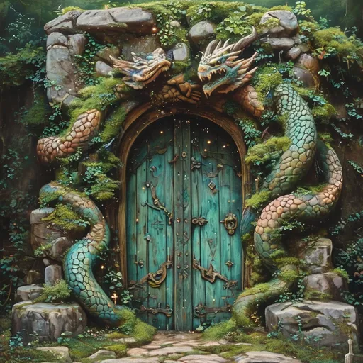 Prompt: (ancient dragon statue) overgrown with moss and vines, (Anton Pieck style) oil painting, enchanting ambiance, intricate details, surrounded by ancient ruins, magical door glowing softly, sparkling spells swirling in the air, soft muted colors, whimsical and mysterious atmosphere, ultra-detailed, high quality, enchanting scene reminiscent of fairy tales.