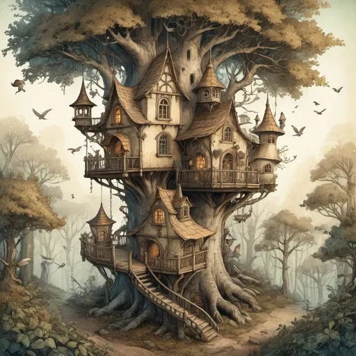 Prompt: Anton Pieck style illustration of a medieval fantasy treehouse, birds eye view, in the forrest, with squirels and foxes, vintage paper texture, intricate line work, high detail, mystical atmosphere, warm and nostalgic tones, soft lighting, high quality, magical artifacts, nostalgic, warm tones, soft lighting