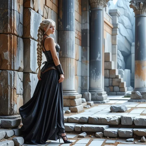 Prompt: realistc, Full body, (Hot blond mistress), long braided blond hair, gorgeous strong face, long leather medieval fantasy dress, with straps and lace, stunning high heels, dominant stance, looking over shoulder, set between ancient ruins, magical spells in the air