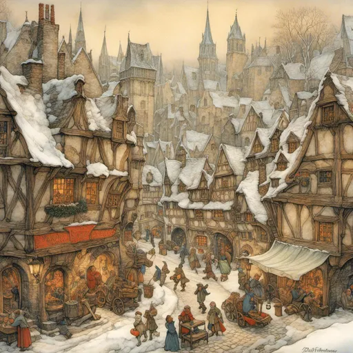 Prompt: <mymodel>Medieval fantasy city in winter, bustling crowd, snow-covered cobblestone streets, detailed medieval architecture, high fantasy, intricate snowflake patterns, warm and cozy lighting, highres, detailed crowd, fantasy, medieval, winter, bustling, snow-covered, intricate architecture, cozy lighting, detailed environment, epic atmosphere