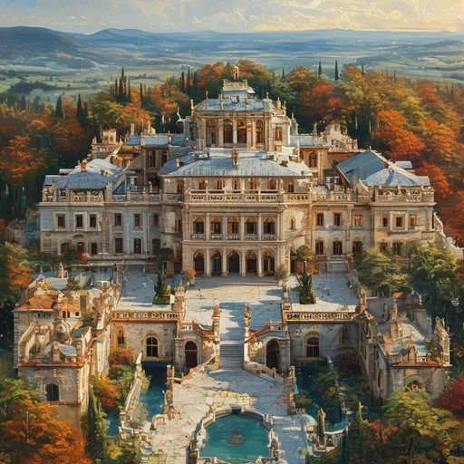 Prompt: aerial view of (sprawling mansion with rustic elements), (oil painting), medieval fantasy style, wiener hofburg style, combiantion of wood and stone, battlements, towers, grand entrance, surrounded by lush Italian hills, detailed stone tiles, warm earthy color tones, atmospheric lighting casting shadows, inviting and enchanting ambiance, intricate landscape features, majestic architecture, captivating horizon blending into a dramatic sunset, ultra-detailed, high quality, masterpiece.