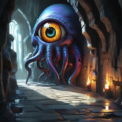 Prompt: (DnD beholder), (lots of smaller eys), (one big magical centre eye), dark dungeon setting, stone walls, eerie shadows, flickering torchlight casting ominous glows, high detail, dramatic lighting, atmospheric depth, (4K), intense and foreboding ambiance, mysterious textures and elements, captivating fantasy scene.